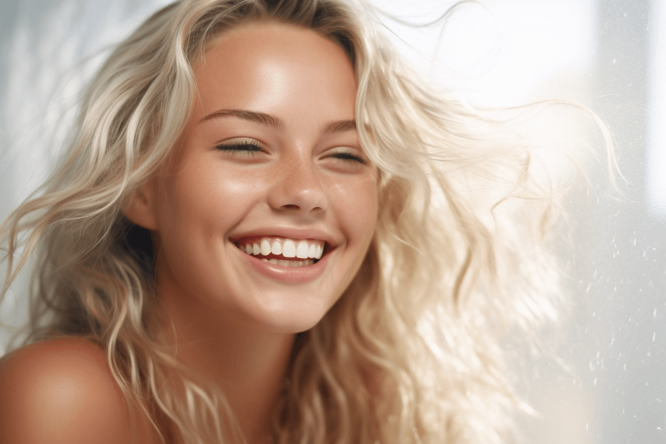 Glücklich lachende blonde Frau mit strahlender Haut